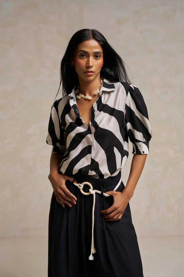 White & Black Printed Linen Shirt Top – Perfect for Summer Brunch & Day Wear