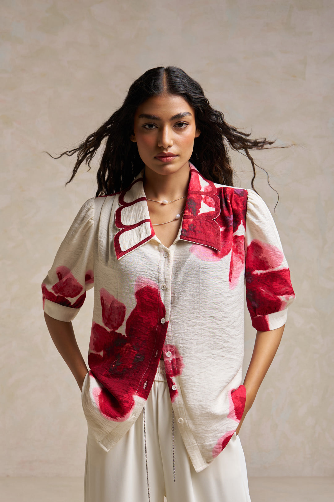 Red & Cream Printed Linen Shirt Top with Embroidery – Perfect for Summer Brunch & Day Wear