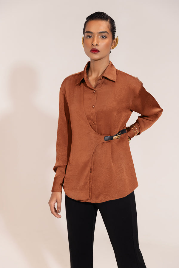 Brown Rust Luxe Crushed Satin Shirt – Belted Waist Corporate Chic Top