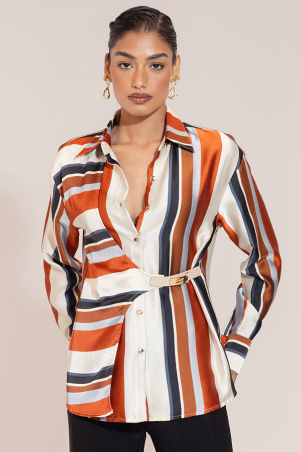 Rust Luxe Satin Shirt – Dull Satin Belted Top with Asymmetrical Waist Detail