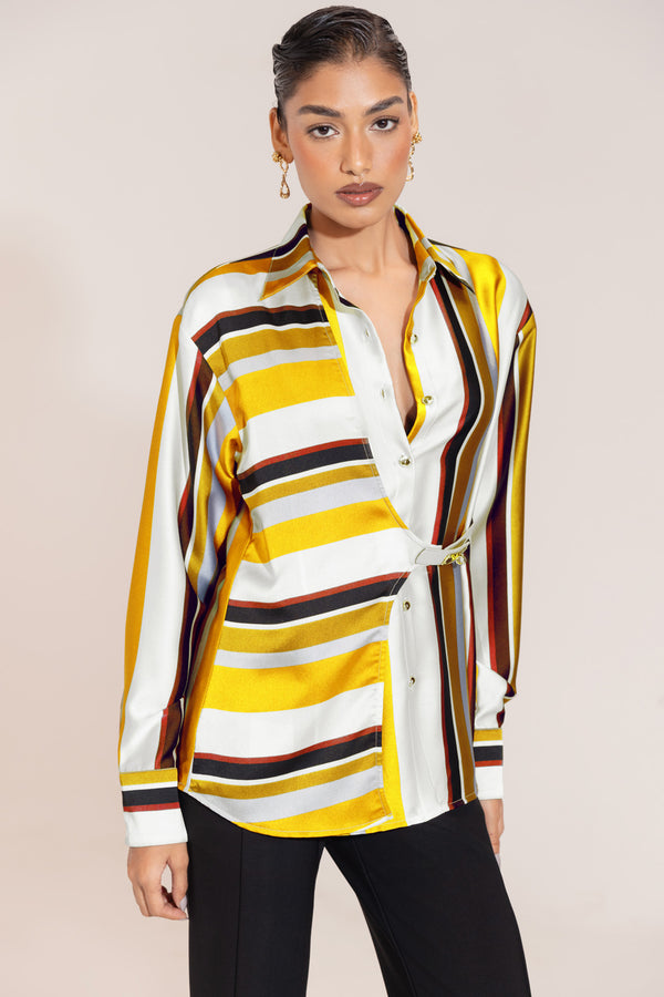 Yellow Luxe Satin Shirt – Dull Satin Belted Top with Asymmetrical Waist Detail