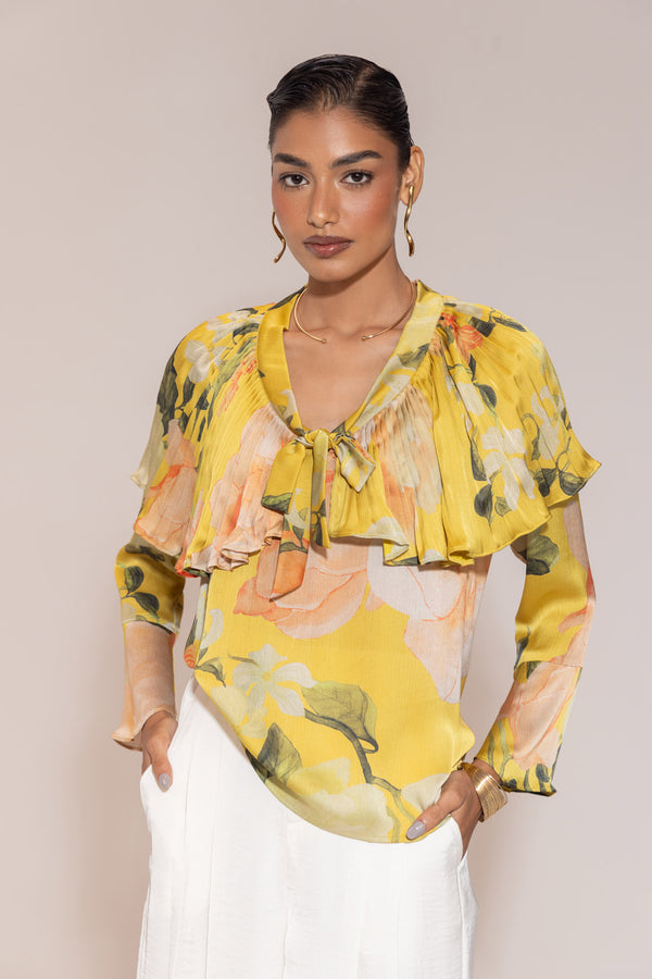 Sunlit Bloom Chiffon Top – Yellow Floral with Pleated Cape Neckline