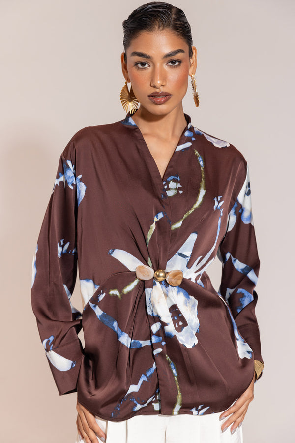 Brown Printed Satin Drape Shirt – Korean Dull Satin with Pearl-Wood Brooch