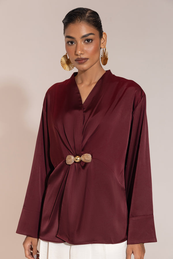 Wine Satin Drape Top – Thin Premium Dull Satin with Stone-Wood Brooch