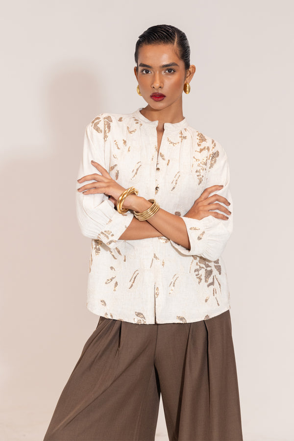 Creamy White Linen Embroidered Shirt – Sequin & Thread Detailing | Party Edit