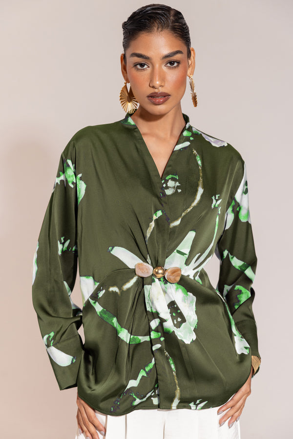 Green Printed Satin Drape Shirt – Korean Dull Satin with Pearl-Wood Brooch