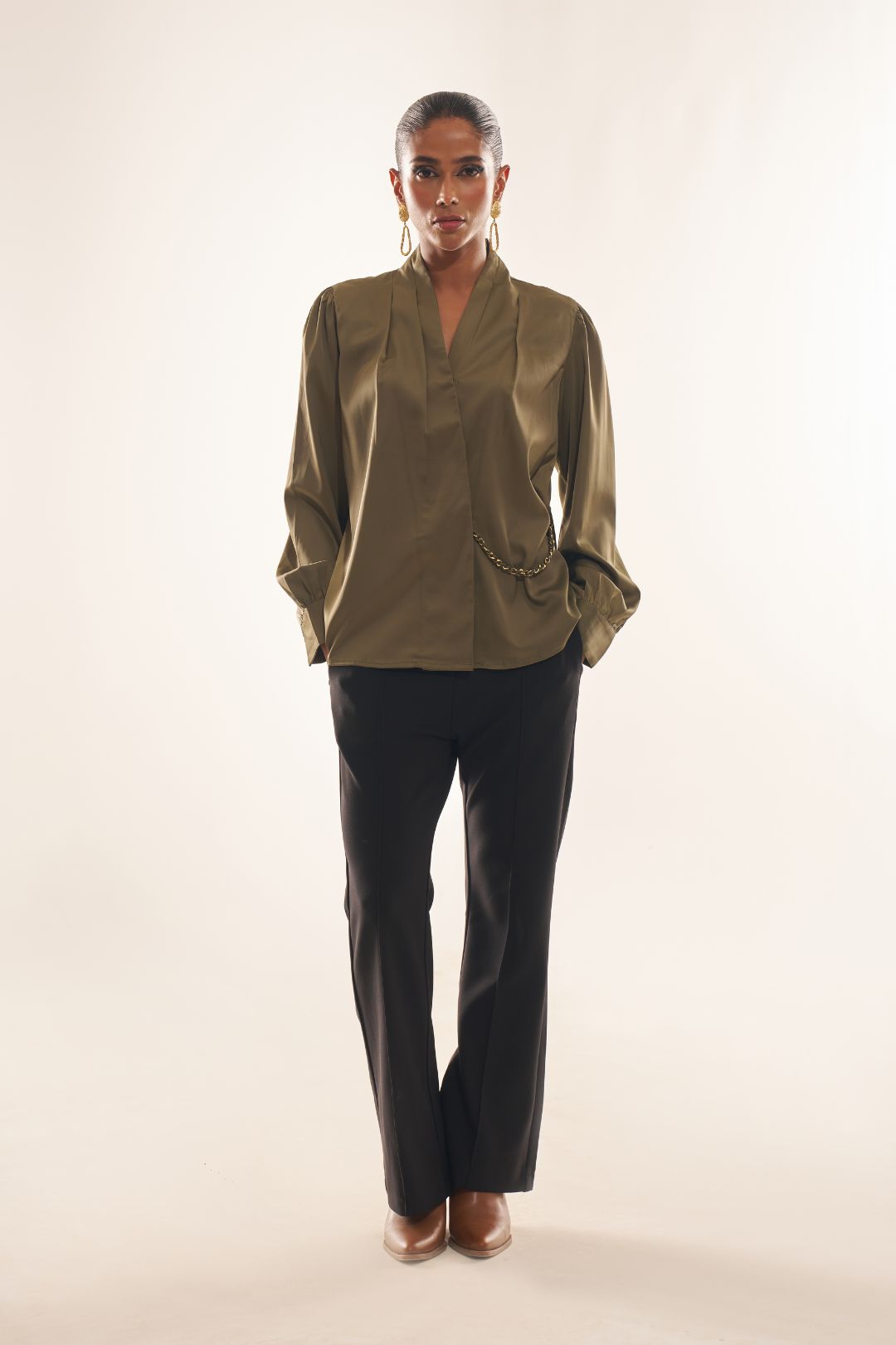 Olive Edge Co-Ord Set – Satin Blazer Top with Tailored Black Trousers