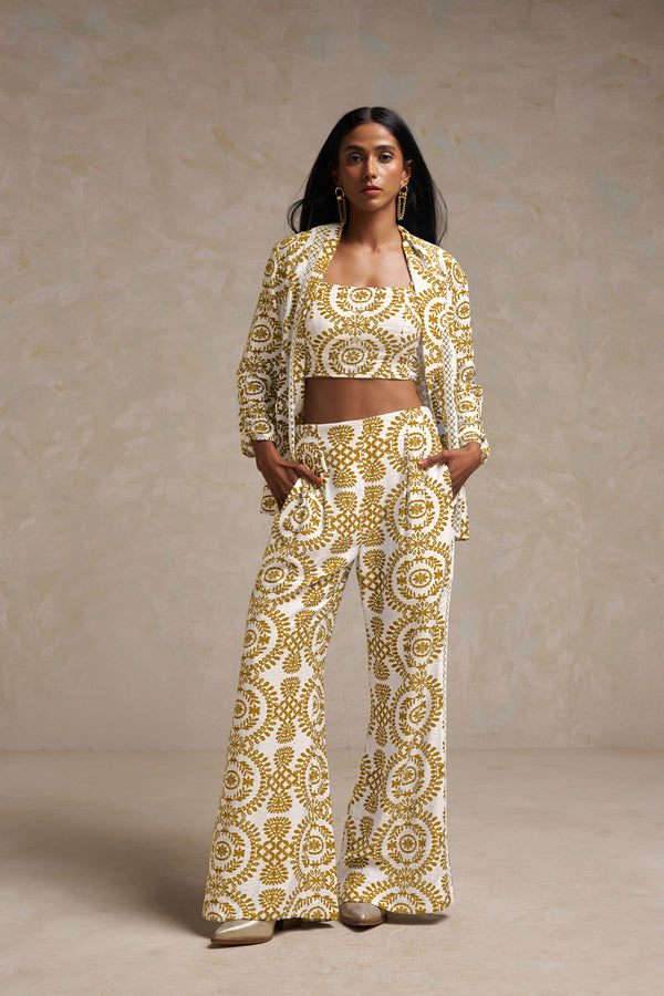 YELLOW & WHITE PRINTED 3-PIECE CO-ORD SET – LINEN FABRIC BLAZER SHRUG WITH SEQUIN HANDWORK INNER