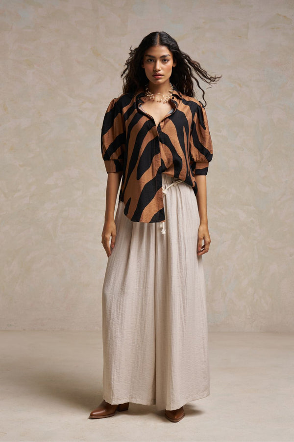 Rust Essence Co-Ord Set – Brown & Black Printed Linen Shirt with Buckle Belt Bottom