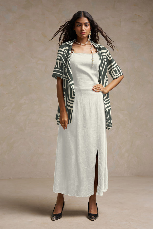 Ivory Breeze Co-Ord Set – Off-White Linen Spaghetti Dress with Printed Shrug