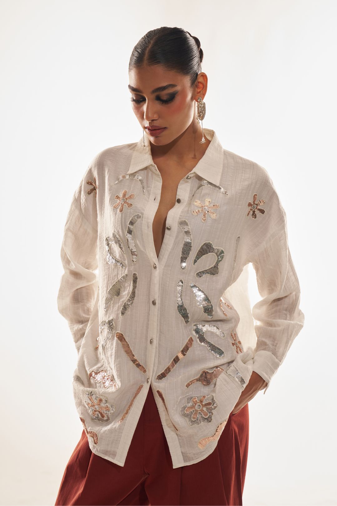 White Party Wear Shirt with Sequin & Cording Embroidery – Boho Chic