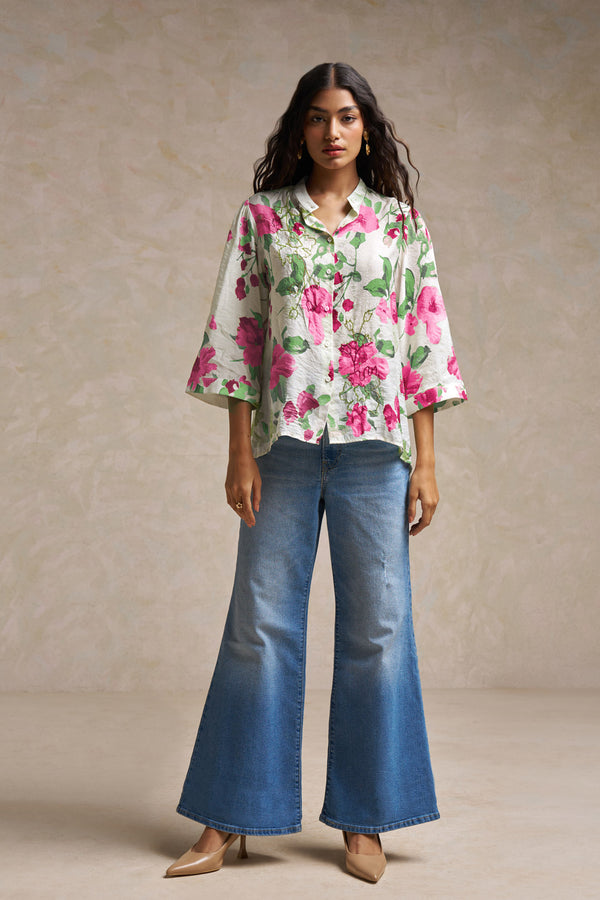 Bloom Aura Top – Floral Printed Green, Pink & Cream Cotton Linen with Moti Handwork