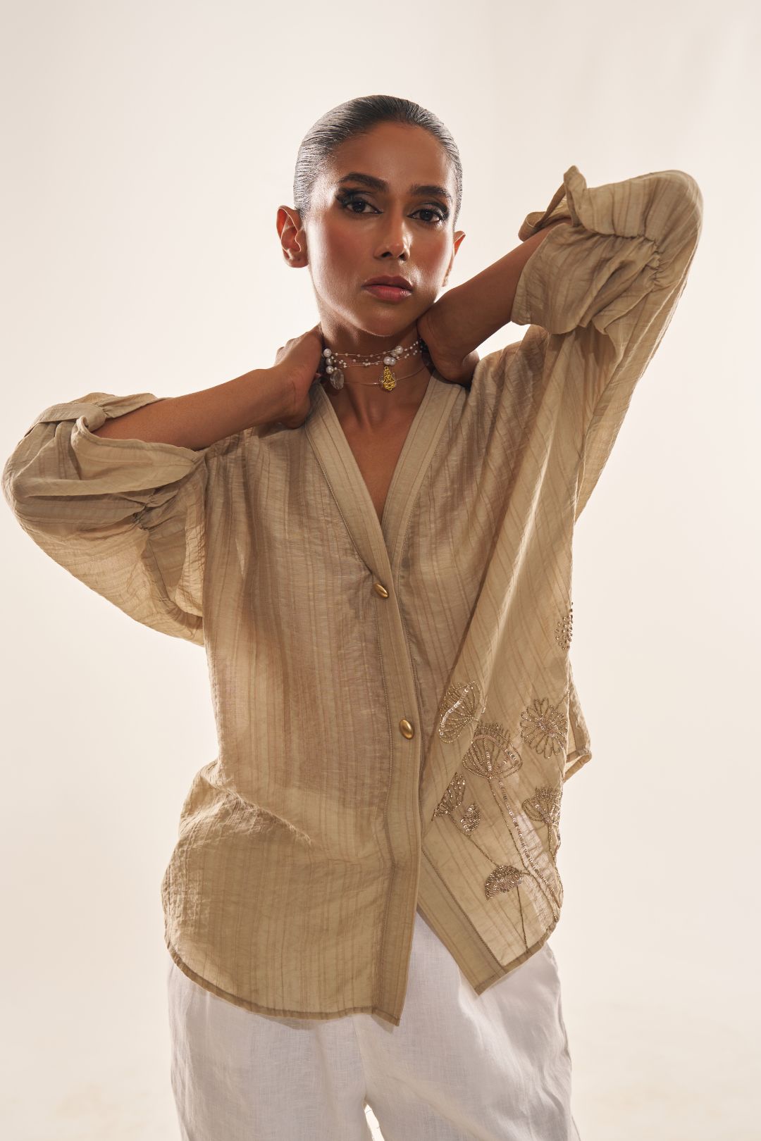 Biege Party Wear Formal Top with Intricate Golden Handwork