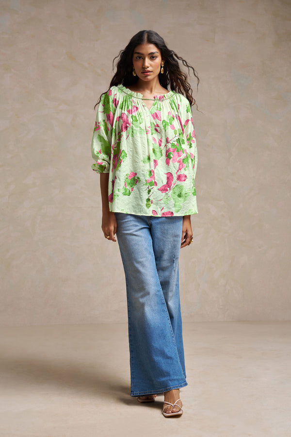 Green & White Printed  Top with Diamond Lace Work – Pure Chiffon Fabric