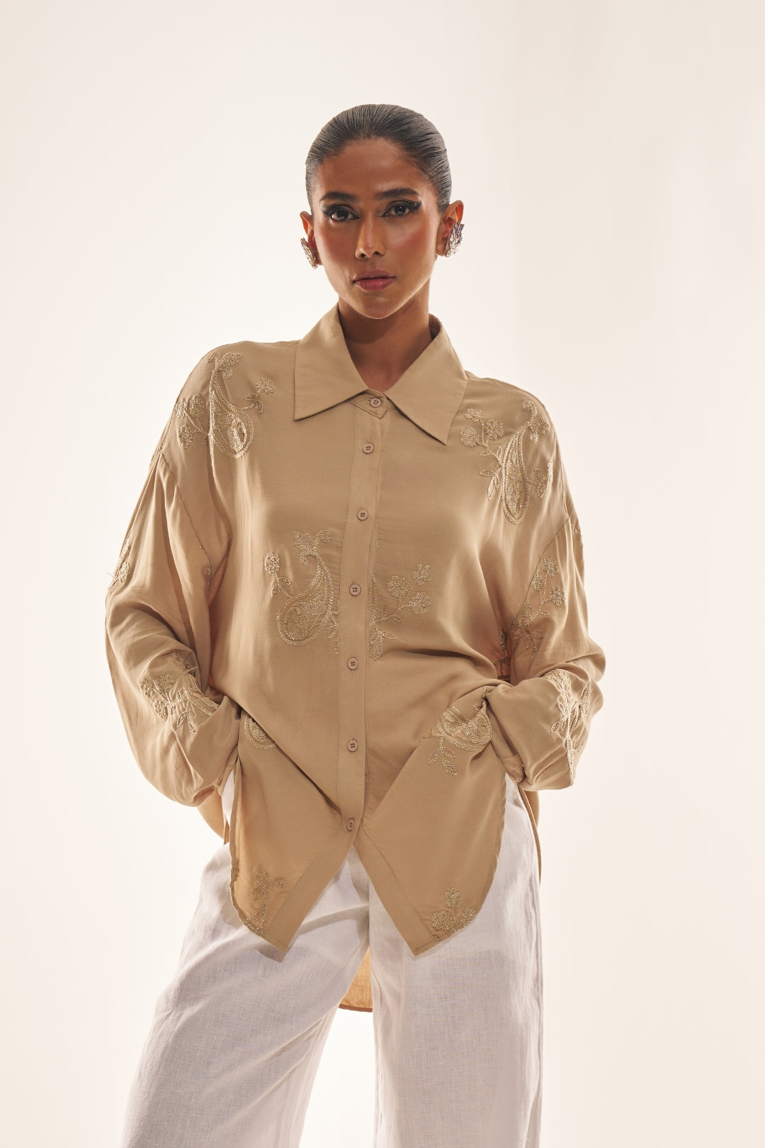 Beige Cream Luxury Rayon Silk Formal Party Wear Shirt Top with Embroidery Work