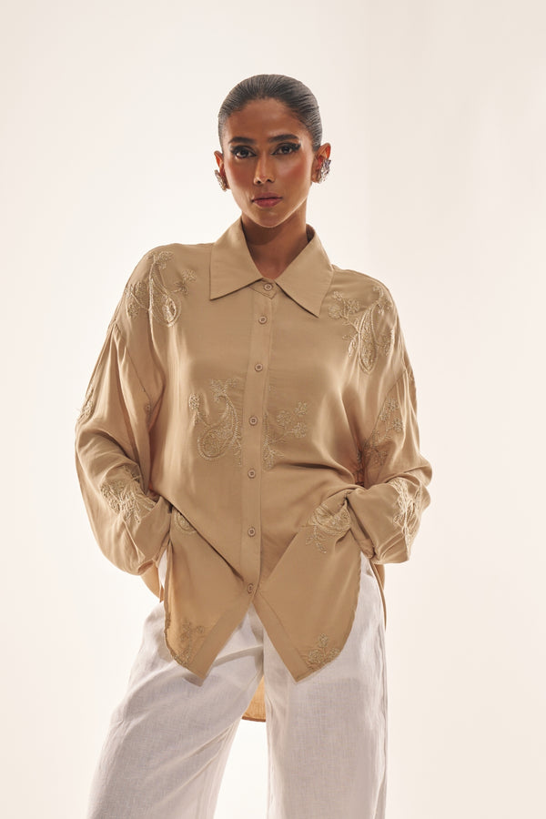 Beige Cream Luxury Rayon Silk Formal Party Wear Shirt Top with Embroidery Work