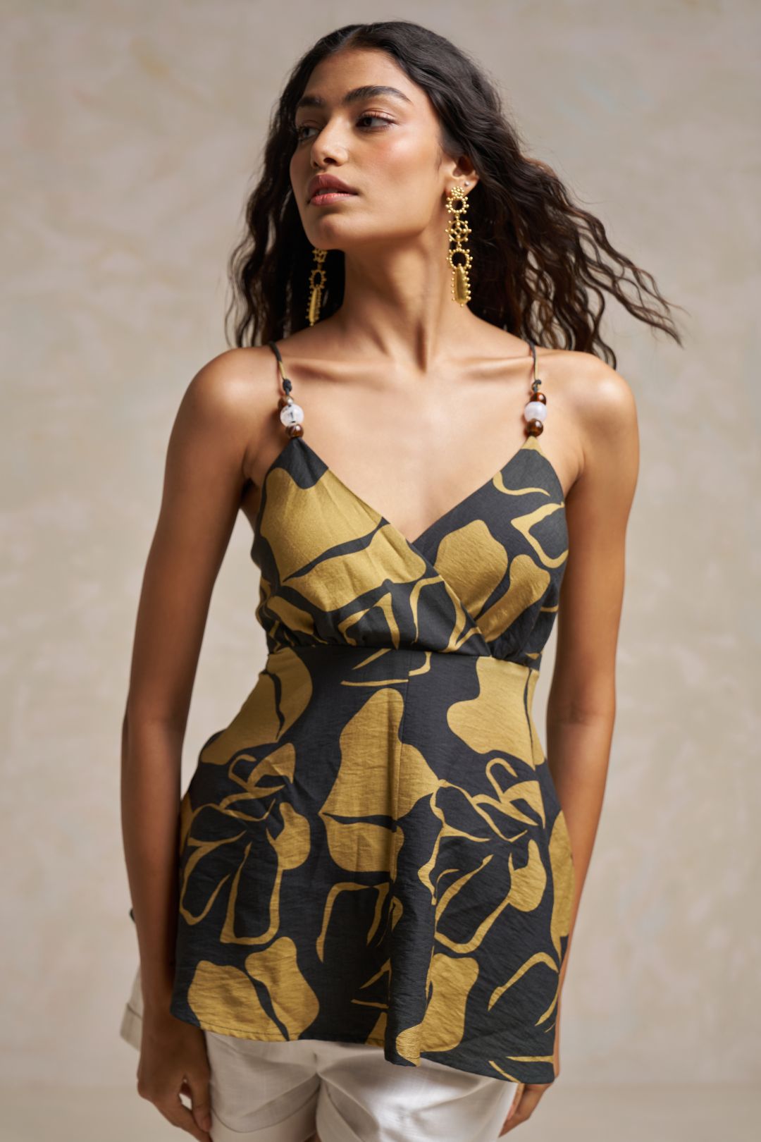 Green & Yellow Printed Linen Spaghetti Top – Vacation & Summer Wear