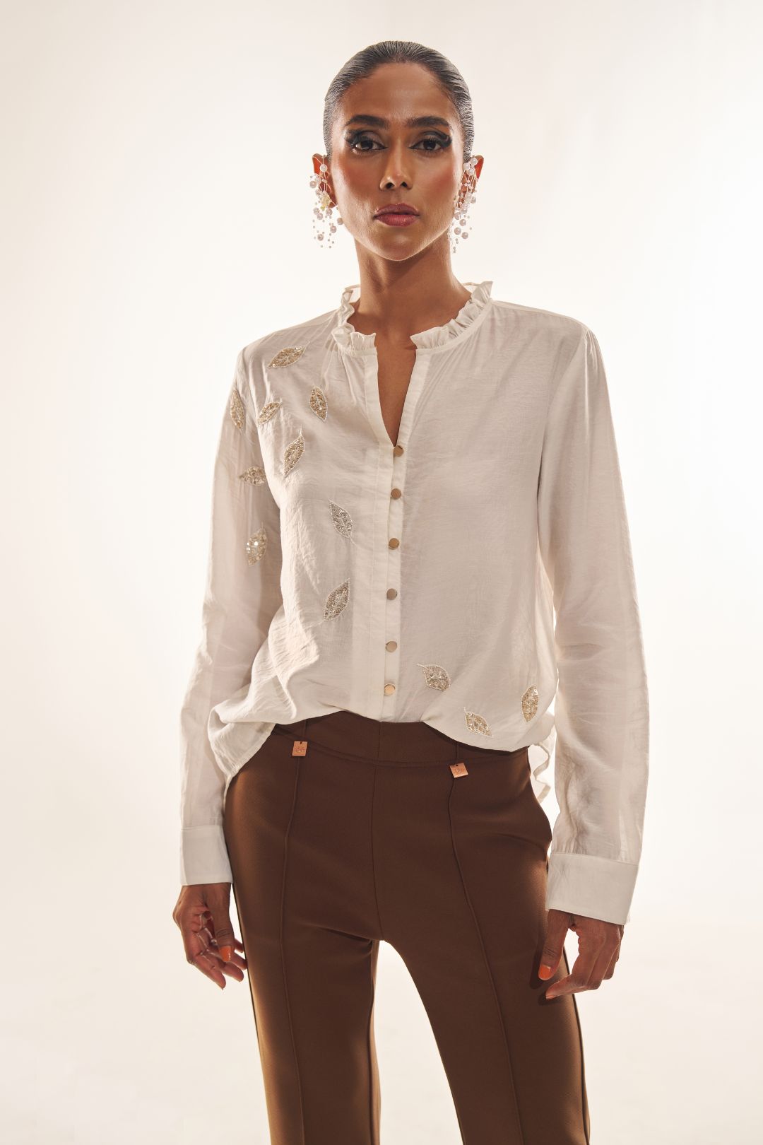 Premium White Party Top with Intricate Leaf Handwork