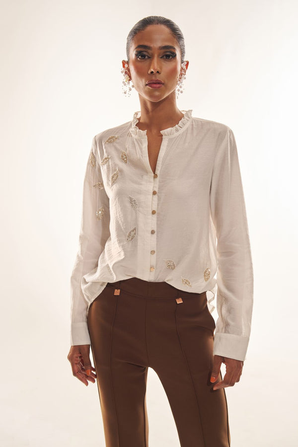 Premium White Party Top with Intricate Leaf Handwork