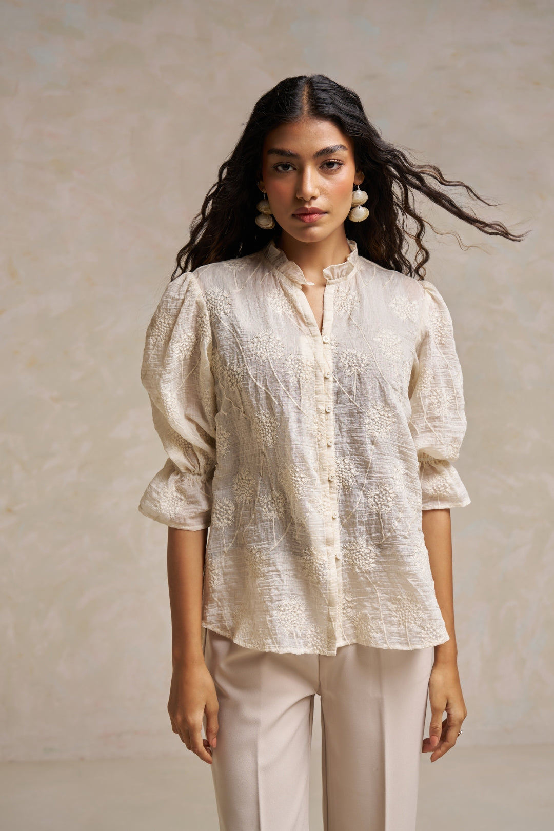 White Embroidered Cotton Chiffon Blouse with Puff Sleeves – Elegant Formal & Office Wear