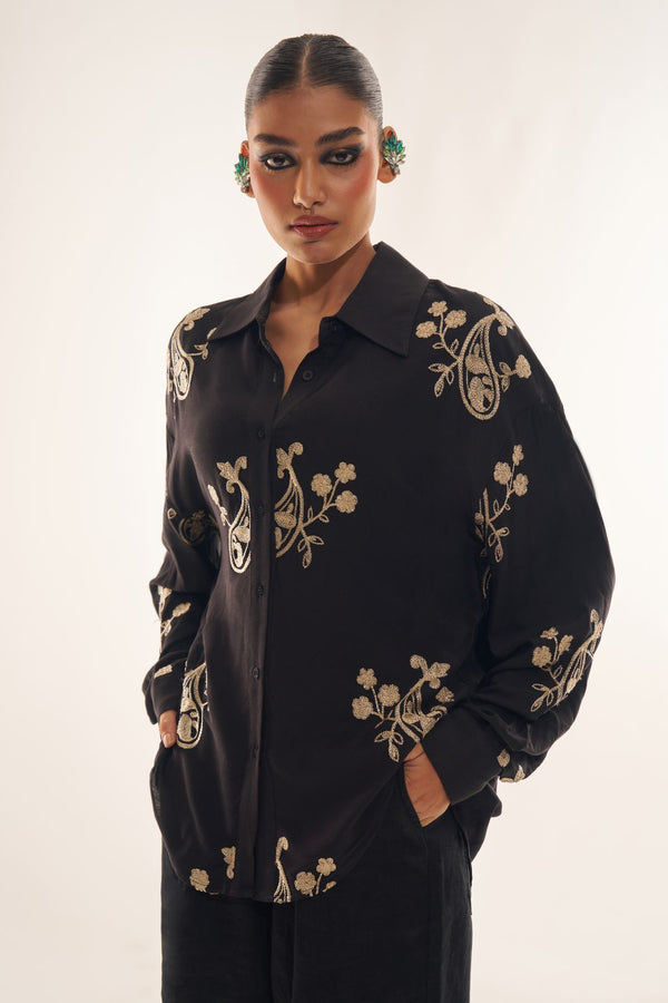 Black Luxury Rayon Silk Formal Party Wear Shirt Top with Embroidery Work