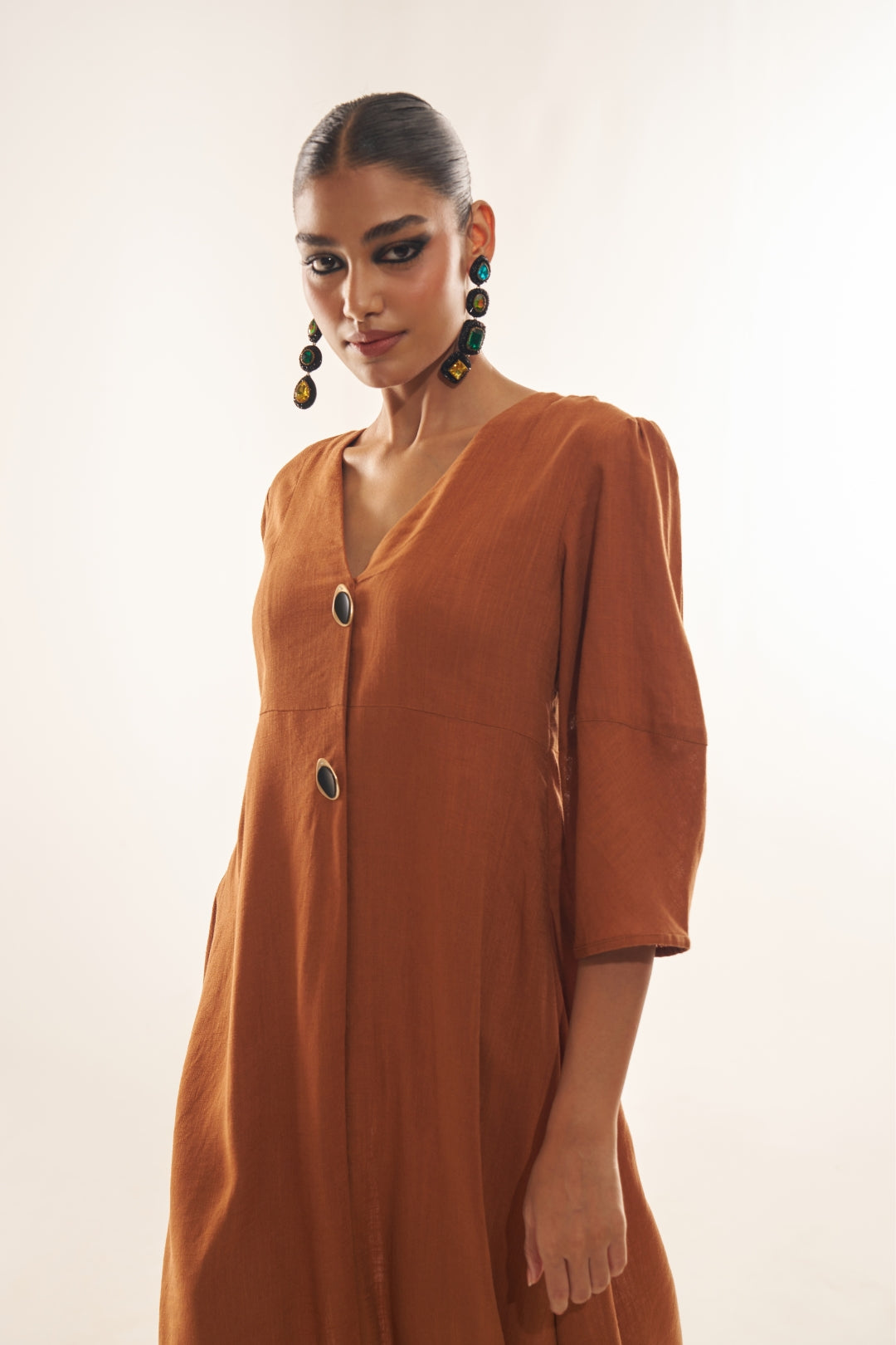 Rust Brown Long Midi Dress – Elegant Linen Fabric for Effortless Style