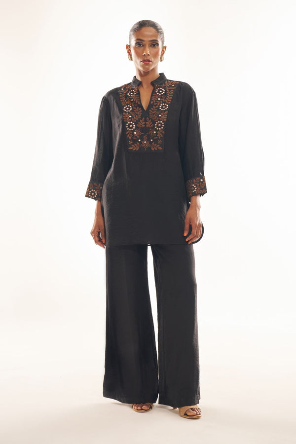 Dark Grey-Black Party Fusion Co-Ord Set with Intricate Embroidery & Mirror Work