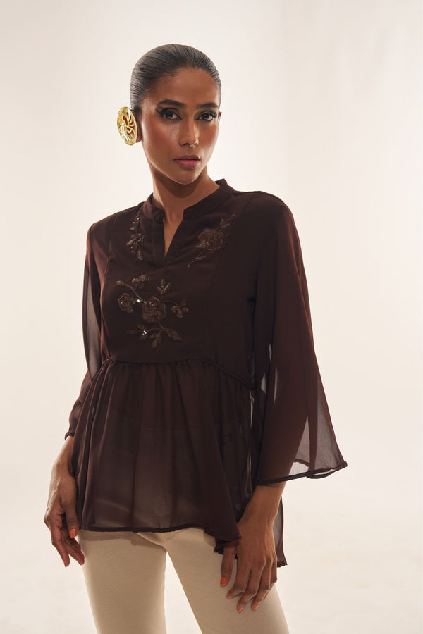 Brown Coffee Chiffon Top with Sequin Embroidery & Luxury Detailing