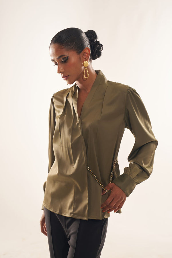 Olive Elegant  Green Satin Party Top with Stylish Hanging Chain Detail