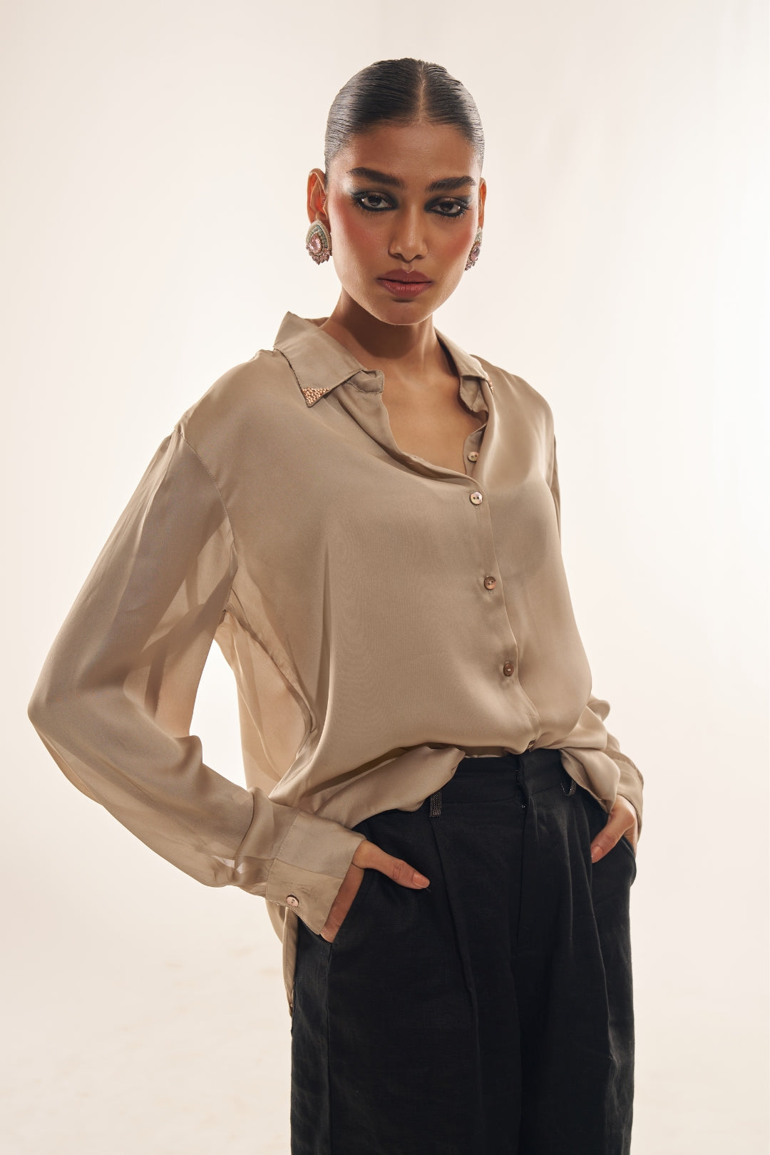 Elegant Beige Satin Party Wear Shirt with Saski Work Collar
