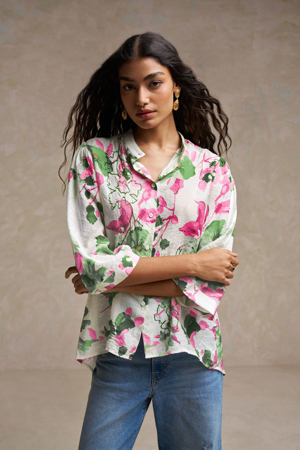 Bloom Aura Top – Floral Printed Green, Pink & Cream Cotton Linen with Moti Handwork