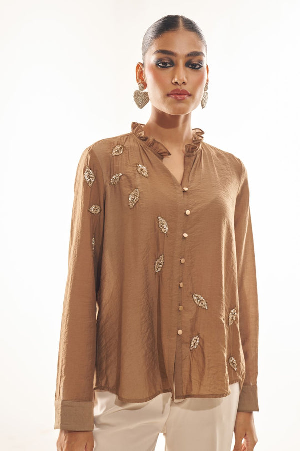 Premium Brown Party Shirt Top with Intricate Leaf Handwork
