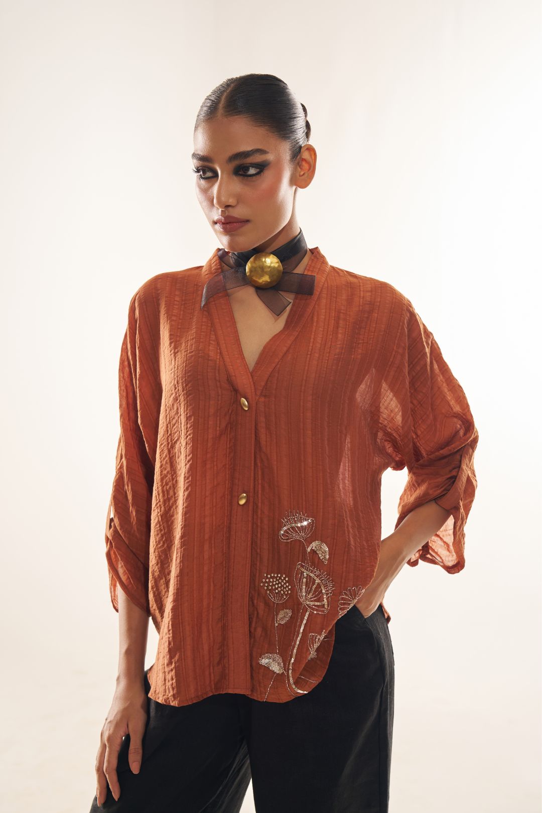 Rust Party Wear Formal Top with Golden Handwork Embellishments