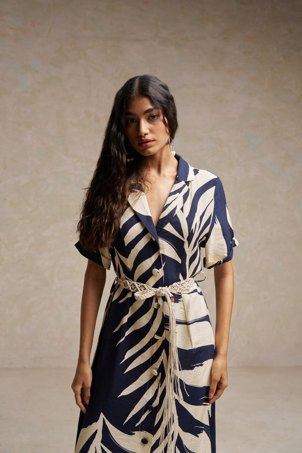 Printed Blue & Cream Maxi Dress with Jute Belt – Ideal for Summer & Beach Wear