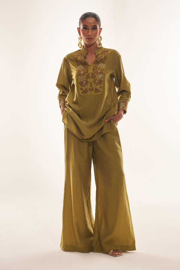 Mehndi Green Party Fusion Co-Ord Set with Intricate Embroidery & Mirror Work