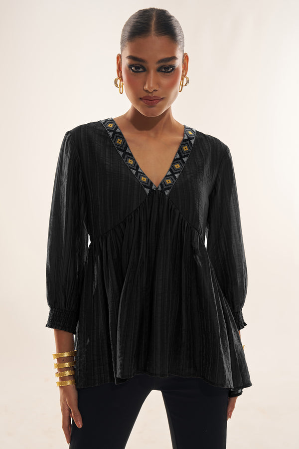 Midnight Allure Top – Black V-Neck Party Top with Lace Detailing & Long-Back Flair