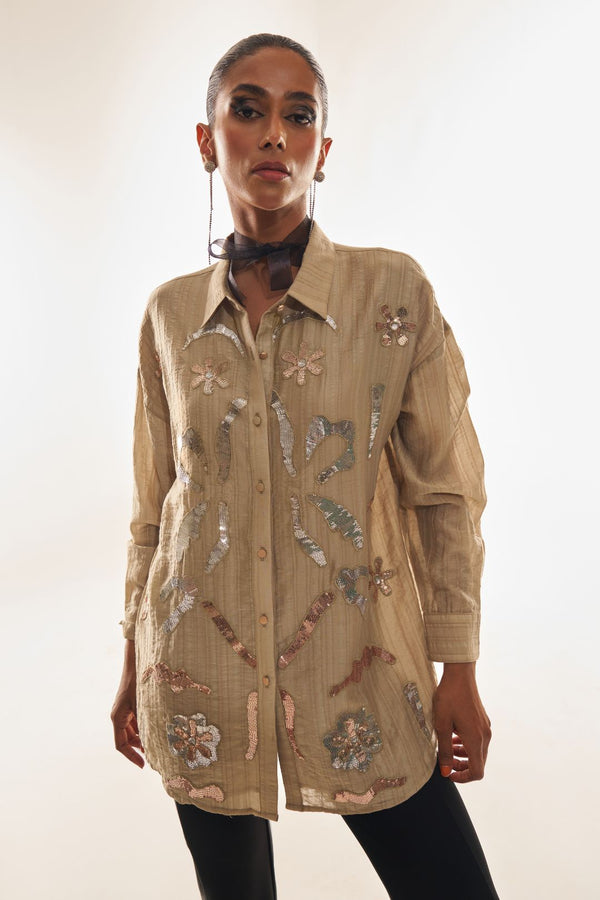 Beige Party Wear Shirt with Sequin & Cording Embroidery – Boho Chic