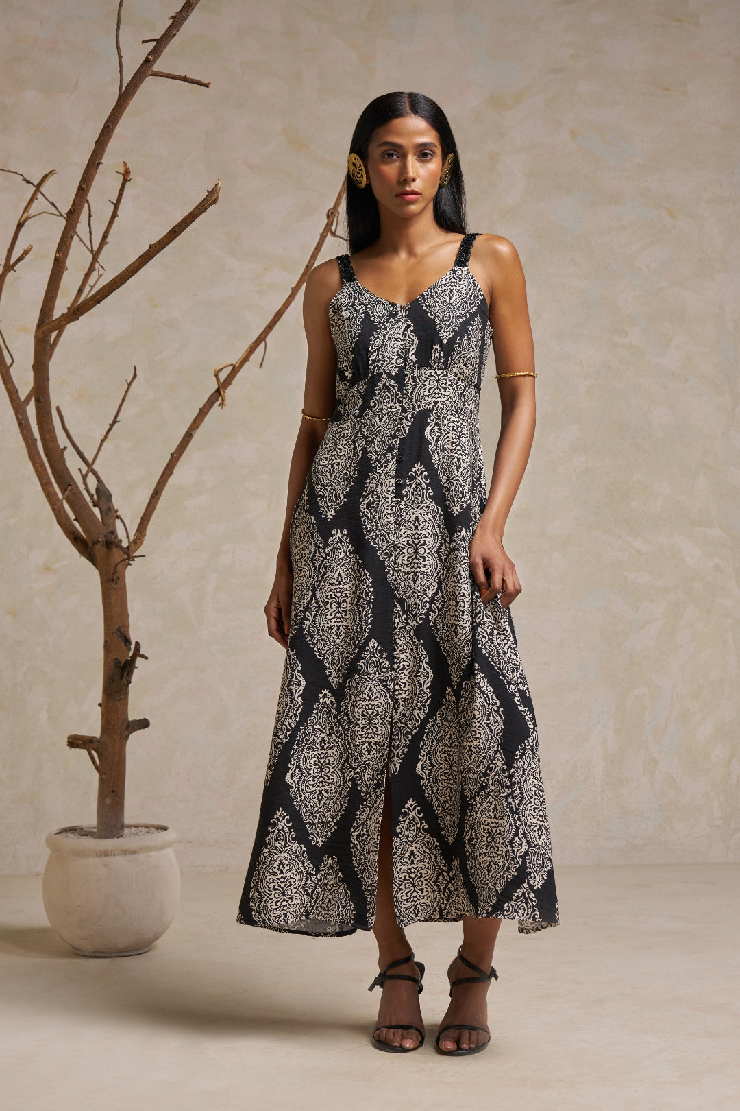 Spaghetti Strap Ankle-Length Midi Dress with Lace Work – Black & White Linen Elegance