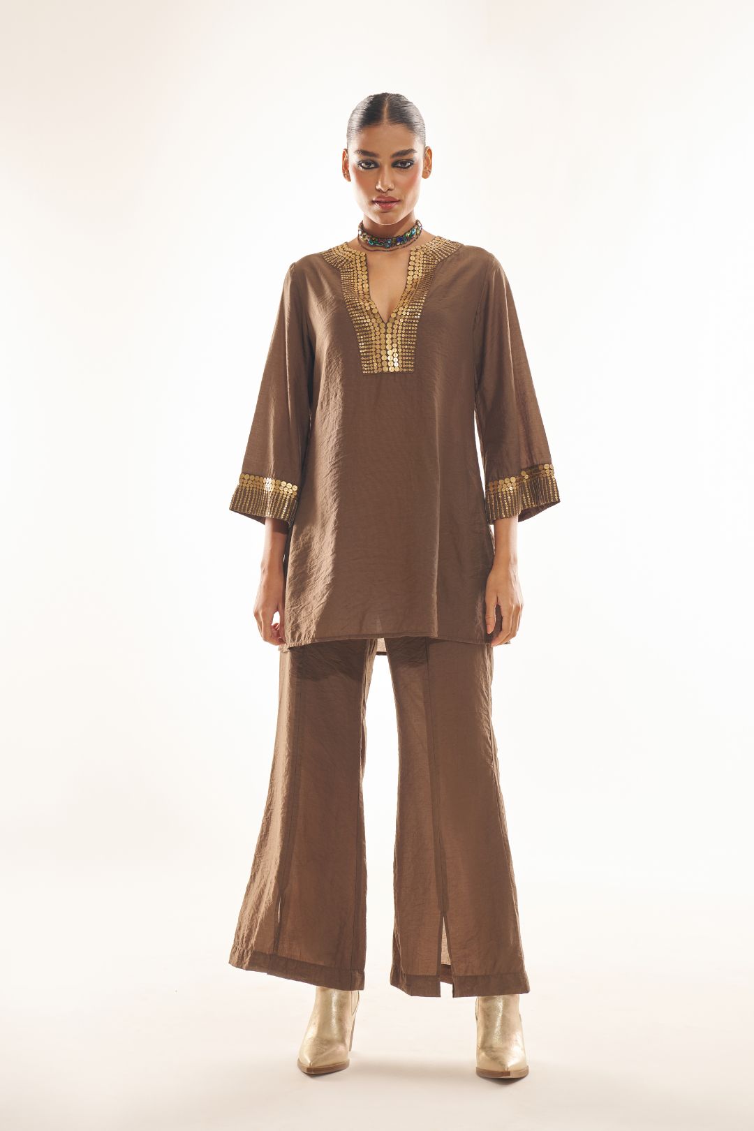 Coffee Brown Party Fusion Wear Co-ord Set with Intricate Handwork & Matte Finish