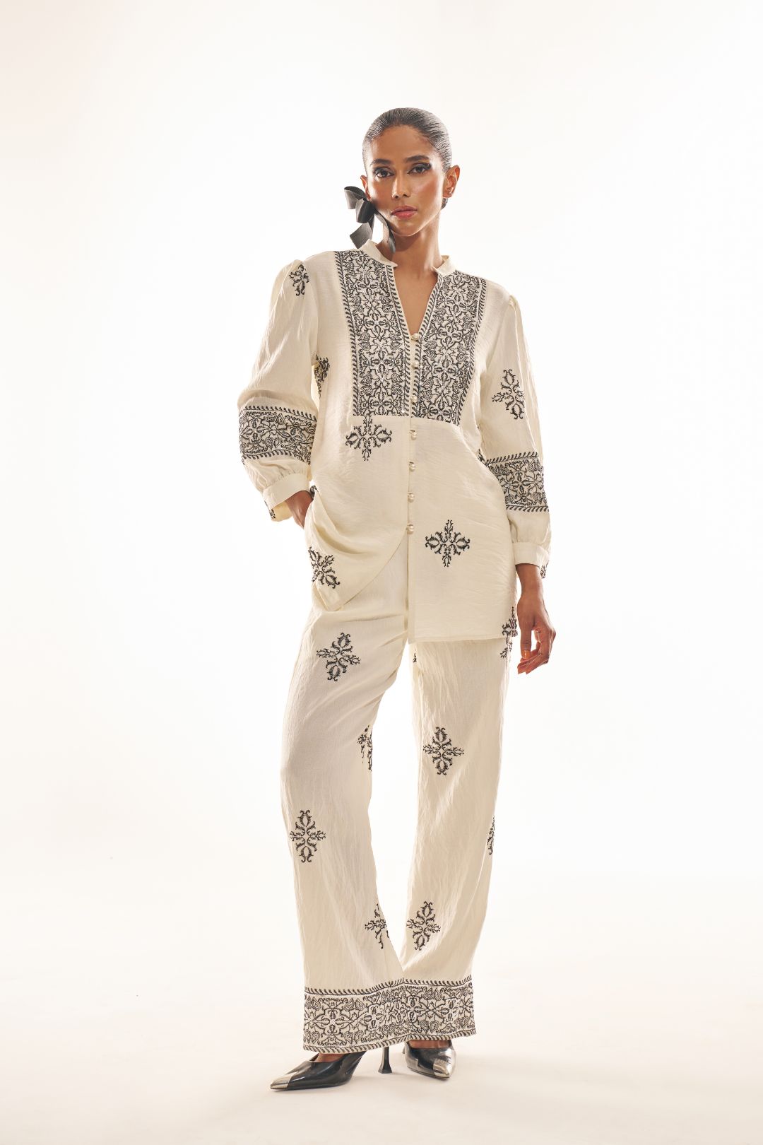 White Party Fusion Wear Linen Co-ord Set with Intricate Embroidery & Sequin Work