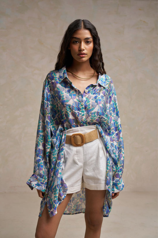 White Linen Shorts & Printed Blue Chiffon Shirt with Jute Belt – Perfect Vacation & Summer Wear