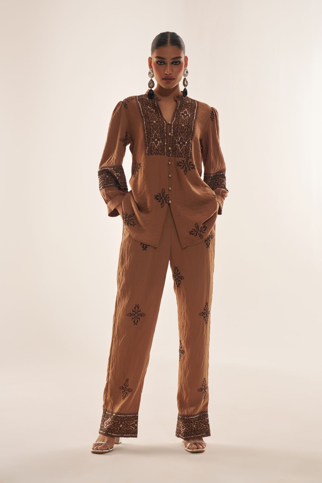Brown Party Fusion Wear Linen Co-ord Set with Intricate Embroidery & Sequin Work