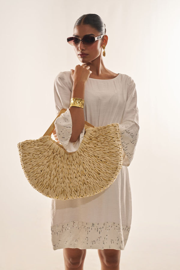 White Linen Dress with Subtle Sequin Detailing – Effortless Elegance