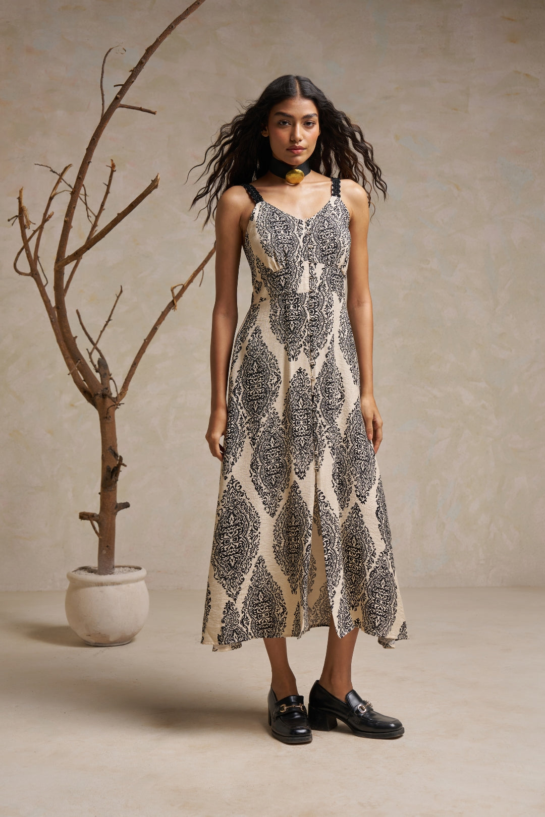 Spaghetti Strap Ankle-Length Midi Dress with Lace Work – Black & White Linen Fabric
