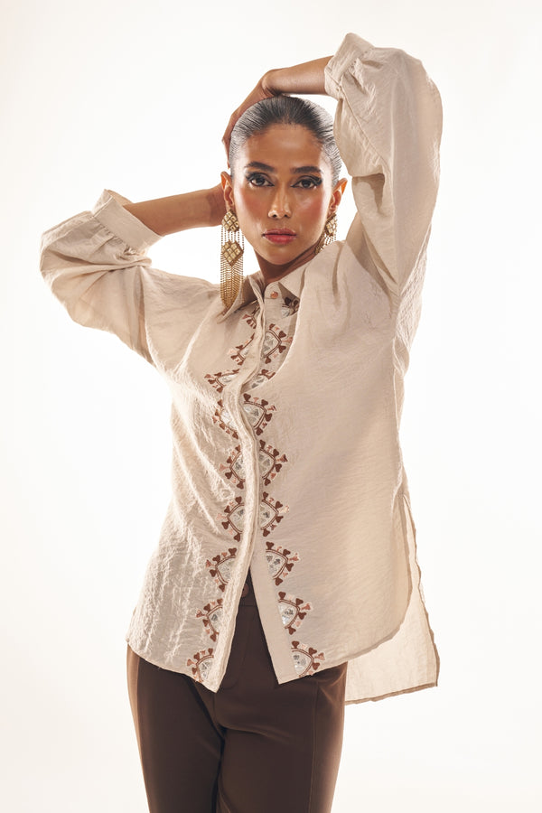 Beige Cream Silk Long Top with Sequin & Embroidery Work