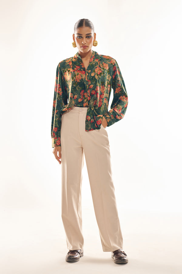 Green Luxurious Satin Printed Formal Top with Hanging Chain Detail