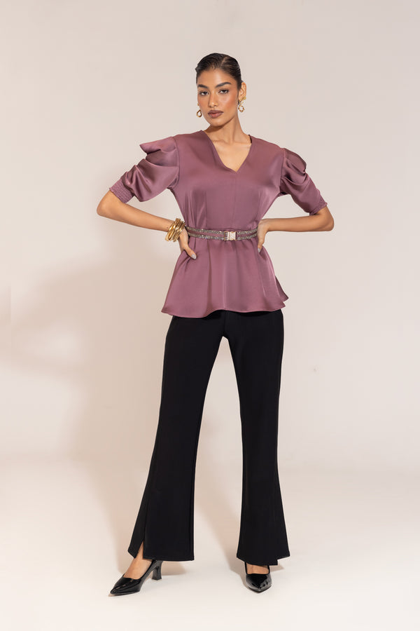Onion Pink Satin Peplum Top with Puff Sleeves & Statement Belt – Party Wear