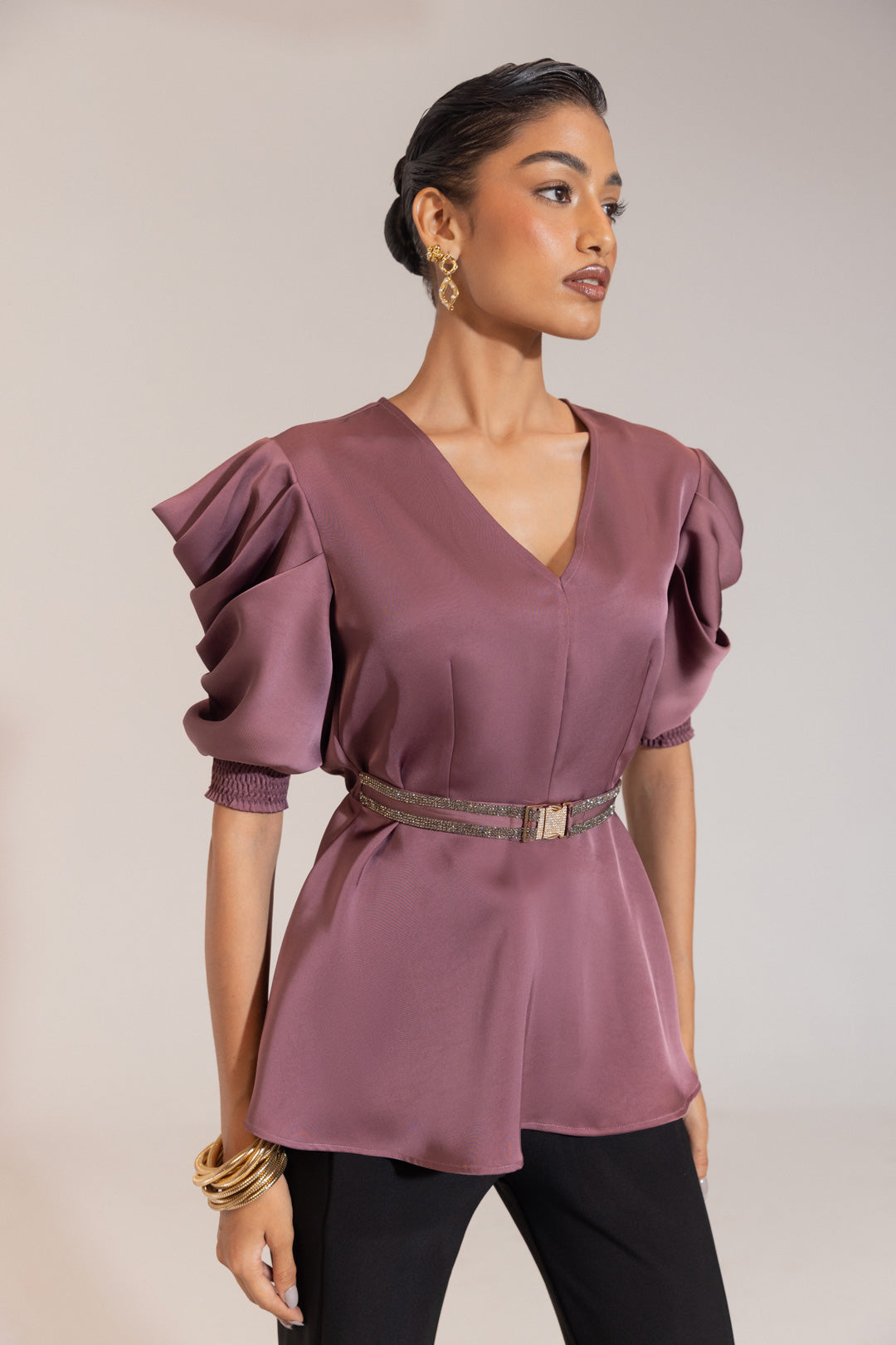 Onion Pink Satin Peplum Top with Puff Sleeves & Statement Belt – Party Wear
