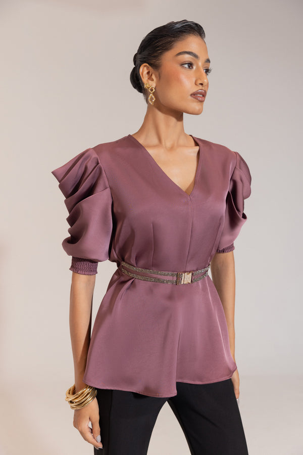 Onion Pink Satin Peplum Top with Puff Sleeves & Statement Belt – Party Wear