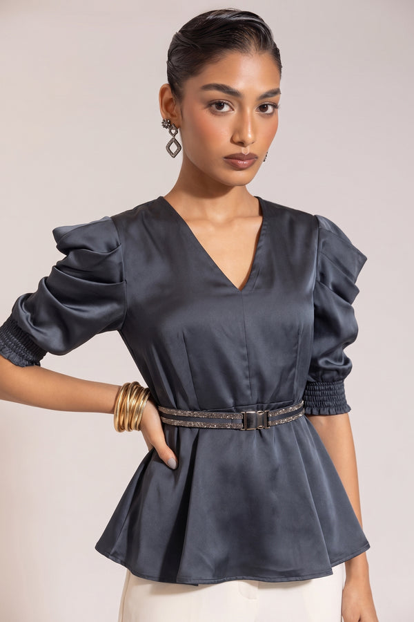 Navy Blue Satin Peplum Top with Puff Sleeves & Statement Belt – Party Wear